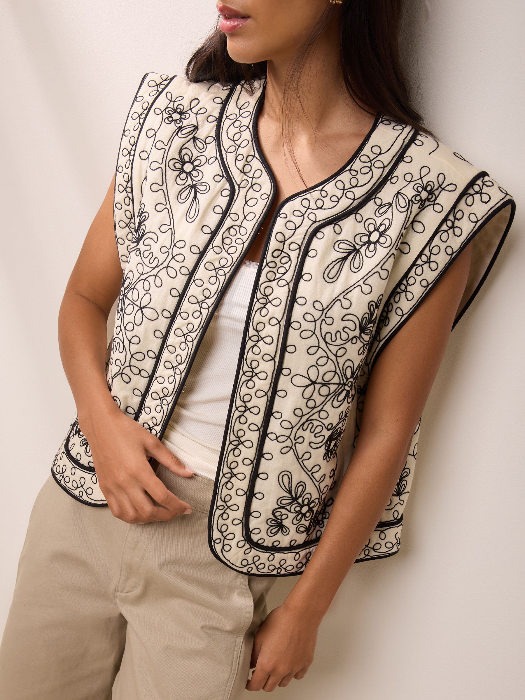 Buy BHOEM White/Black Floral Embroidered Cotton Linen Gilet from