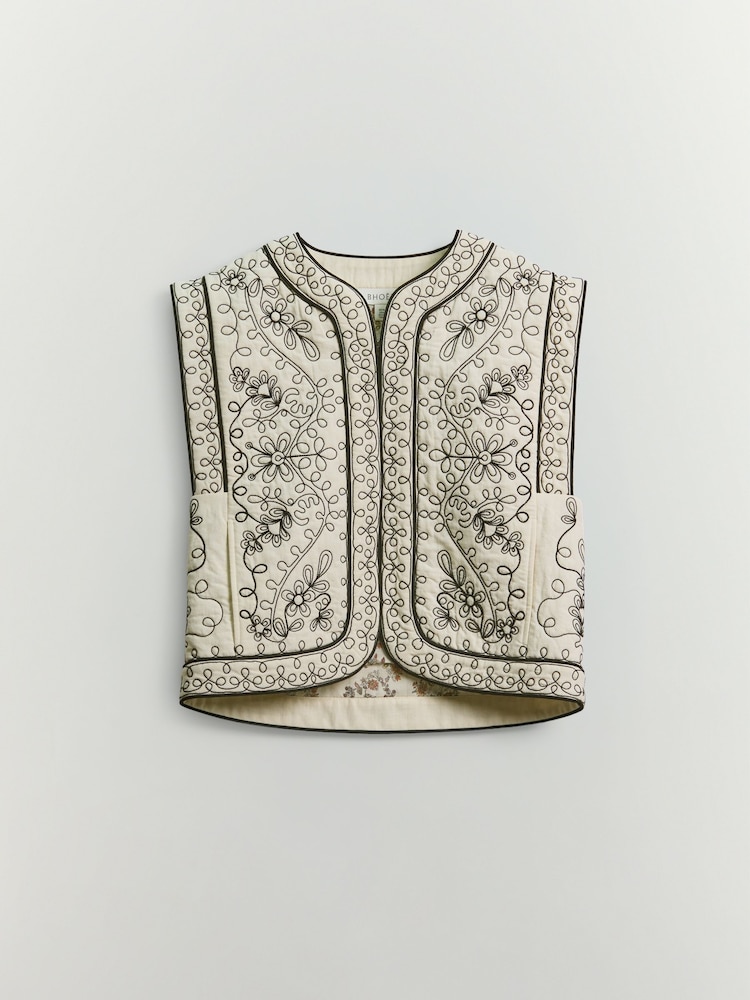 BHOEM White/Black Floral Embroidered Cotton Linen Gilet - Image 6 of 6