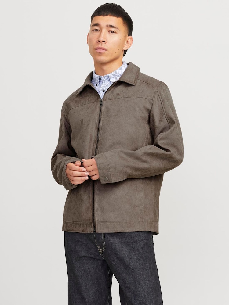 JACK & JONES Grey Faux Suede Zip Up Jacket - Image 1 of 6