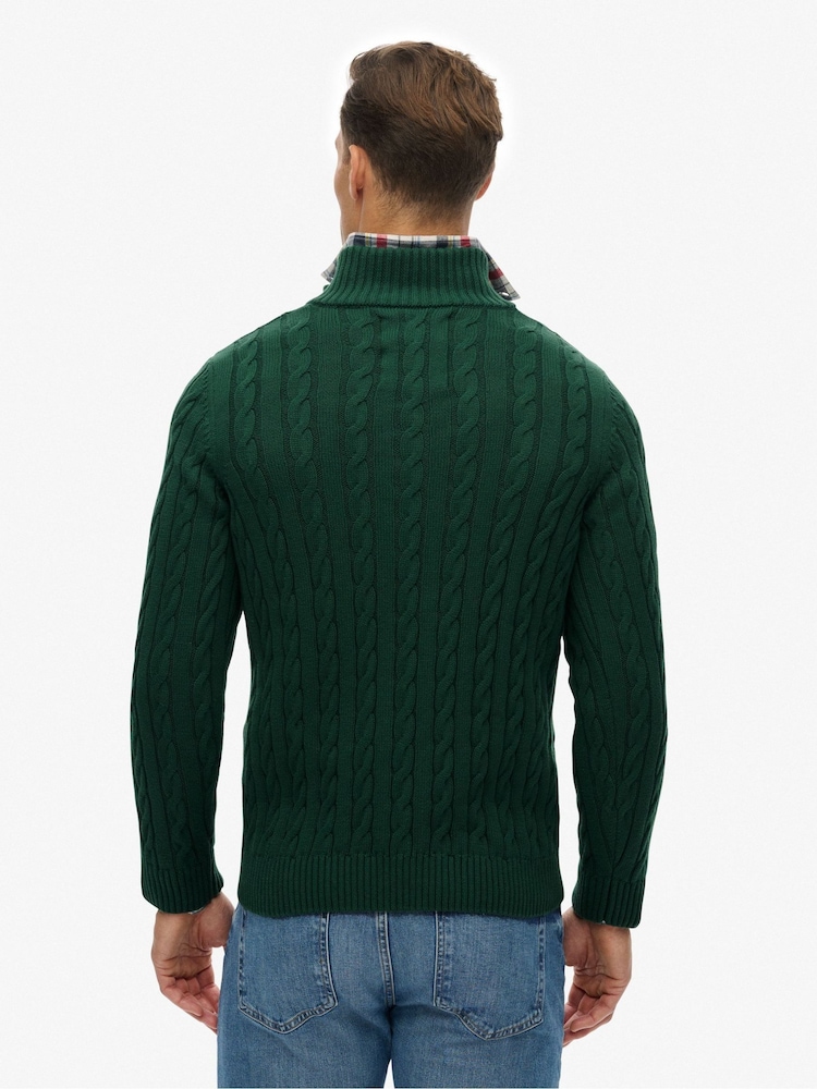 Superdry Green Cotton Classic Cable Half-Zip Jumper - Image 2 of 2 Superdry Green Cotton Classic Cable Half-Zip Jumper - Image 2 of 2