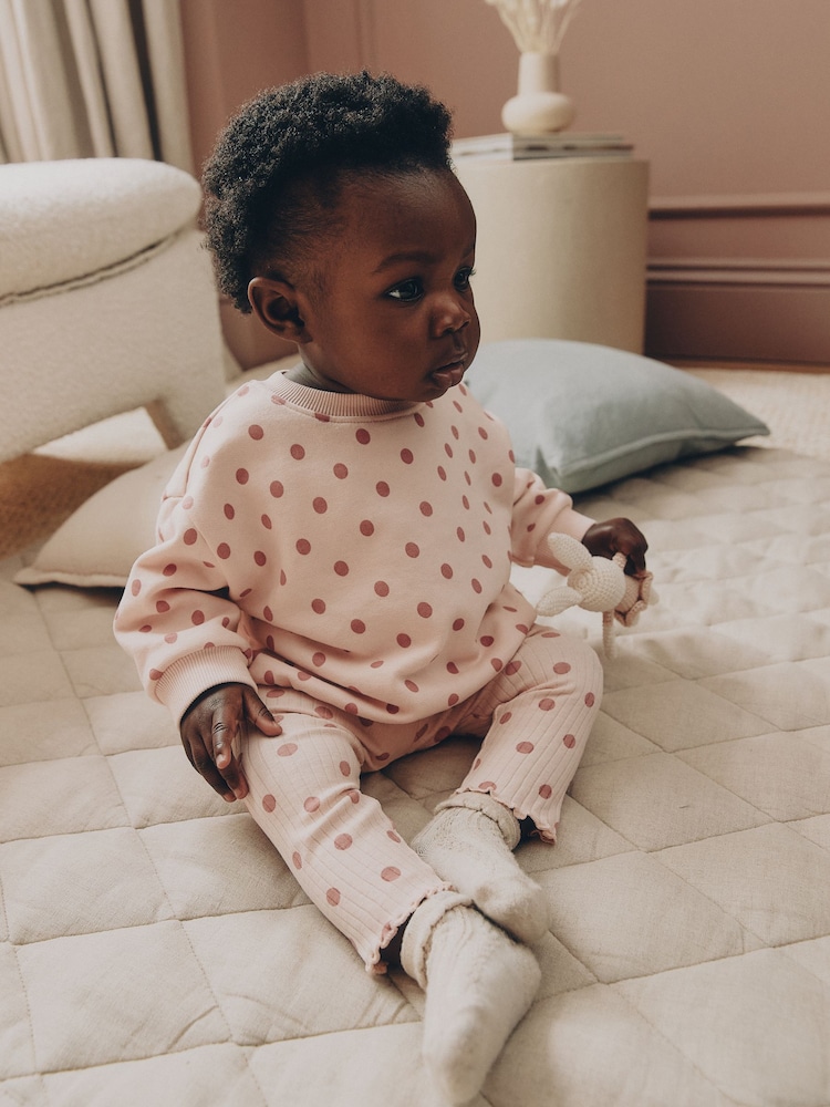 Chocolate Brown and Pink Spot Baby Sweater and Leggings Set 6 Piece (0mths-2yrs) - Image 1 of 5 Chocolate Brown and Pink Spot Baby Sweater and Leggings Set 6 Piece (0mths-2yrs) - Image 1 of 5