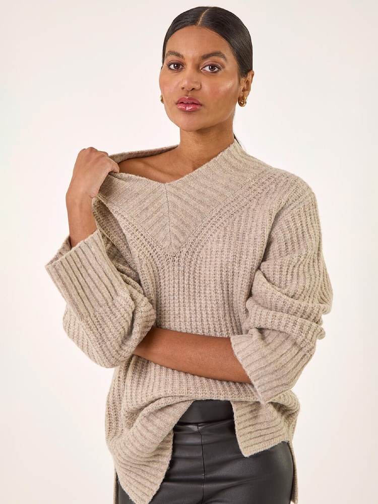 Roman Natural Chunky V-Neck Knit Jumper - Image 1 of 5 Roman Natural Chunky V-Neck Knit Jumper - Image 1 of 5