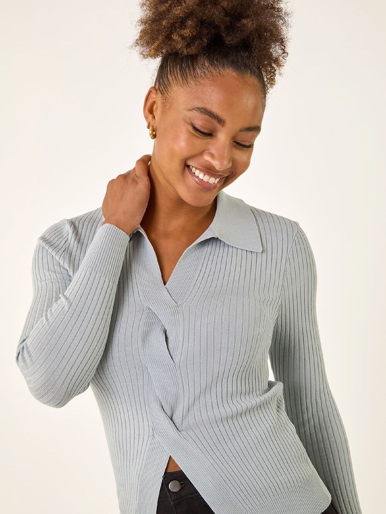 Roman Grey Collar Ribbed Cable Knit Jumper - Image 1 of 5 Roman Grey Collar Ribbed Cable Knit Jumper - Image 1 of 5