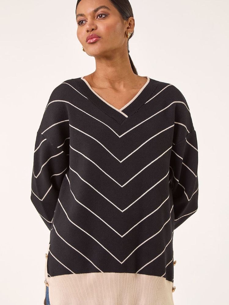 Roman Black Stripe V-Neck Knit Jumper - Image 1 of 5 Roman Black Stripe V-Neck Knit Jumper - Image 1 of 5