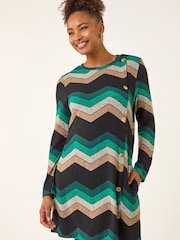 Roman Green Zig Zag Side Button Dress - Image 1 of 5