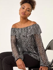 Roman Black Sequin Mesh Bardot Shirt - Image 1 of 5