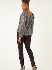 Roman Black Sequin Mesh Bardot Shirt - Image 3 of 5