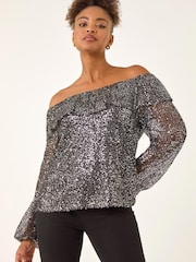 Roman Black Sequin Mesh Bardot Shirt - Image 4 of 5