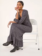 Roman Grey Animal Print Lace Trim Stretch Dress - Image 1 of 5