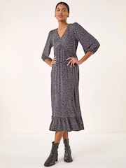 Roman Grey Animal Print Lace Trim Stretch Dress - Image 2 of 5