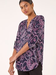 Roman Blue Leaf Puff Print Stretch Shirt - Image 4 of 5