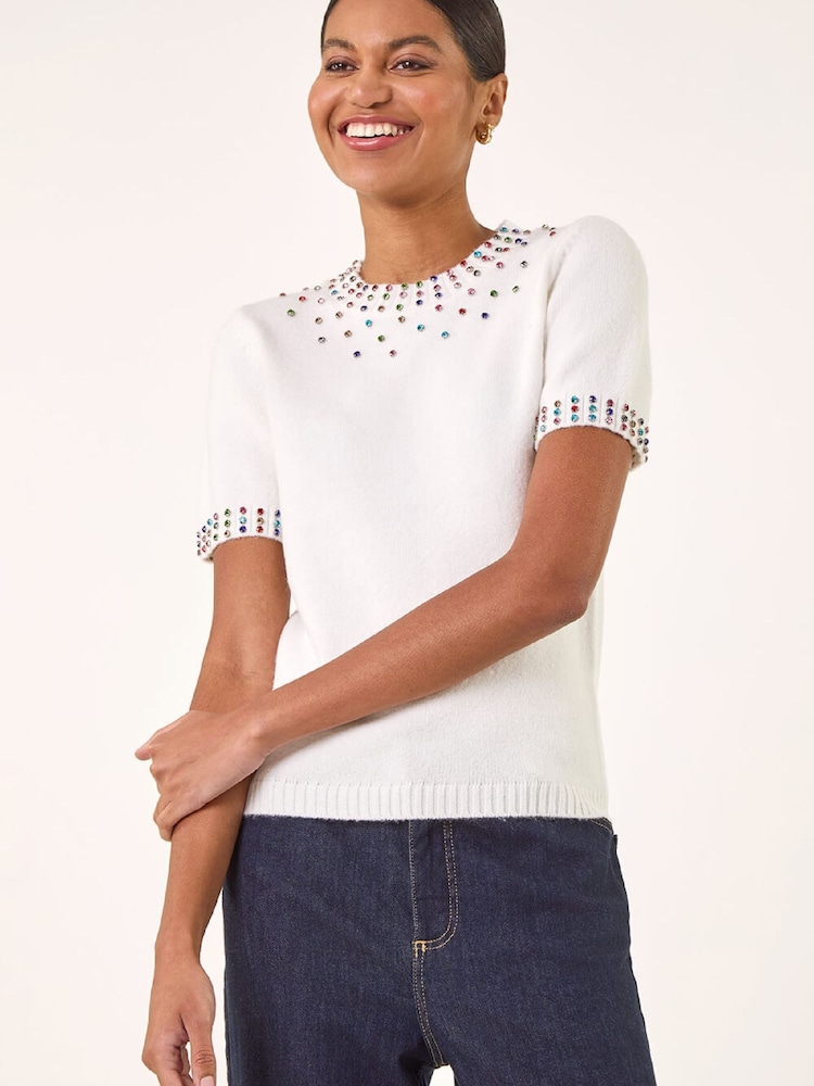 Roman White Embellished Neck Knitted Jumper - Image 1 of 5 Roman White Embellished Neck Knitted Jumper - Image 1 of 5