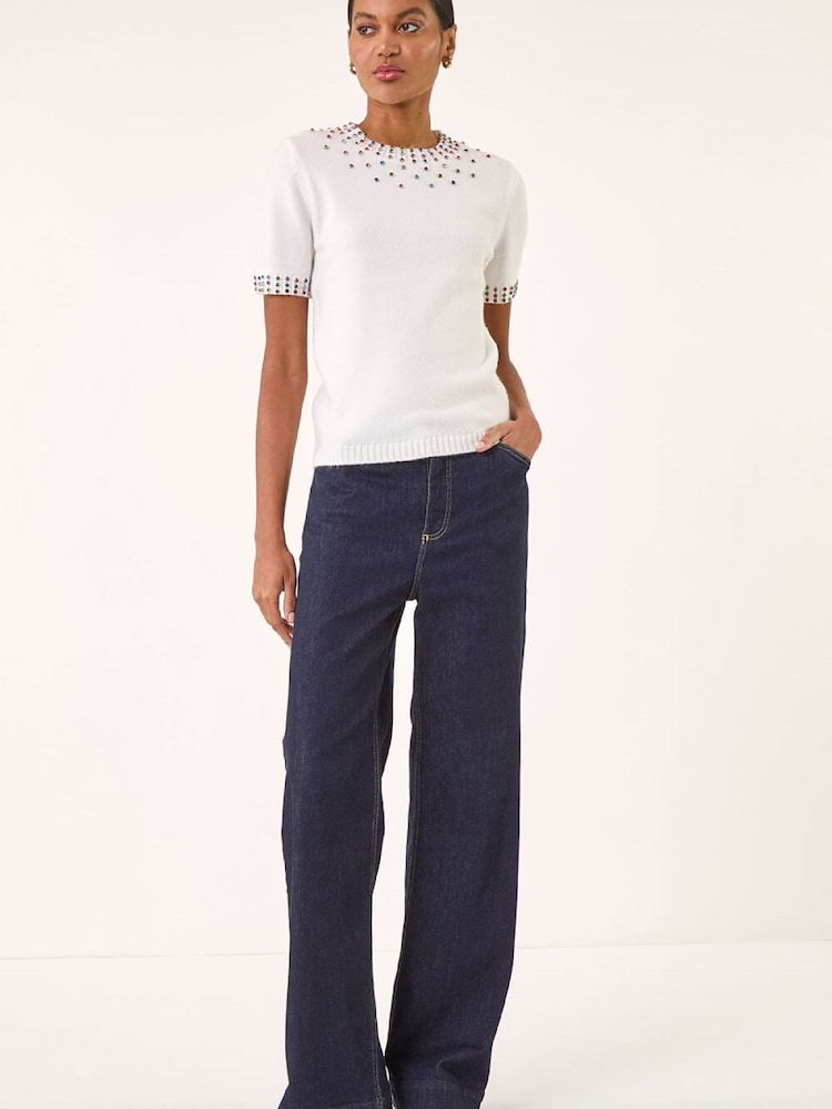 Roman White Embellished Neck Knitted Jumper - Image 2 of 5 Roman White Embellished Neck Knitted Jumper - Image 2 of 5