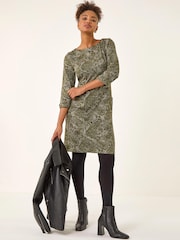 Roman Green Paisley Print Pocket Shift Stretch Dress - Image 1 of 5