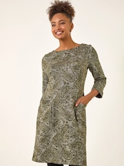 Roman Green Paisley Print Pocket Shift Stretch Dress - Image 2 of 5