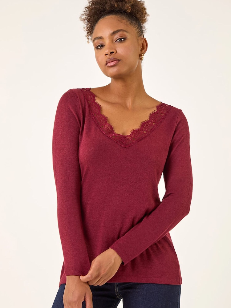 Roman Red Lace V-Neck Stretch Tunic Top - Image 2 of 5 Roman Red Lace V-Neck Stretch Tunic Top - Image 2 of 5