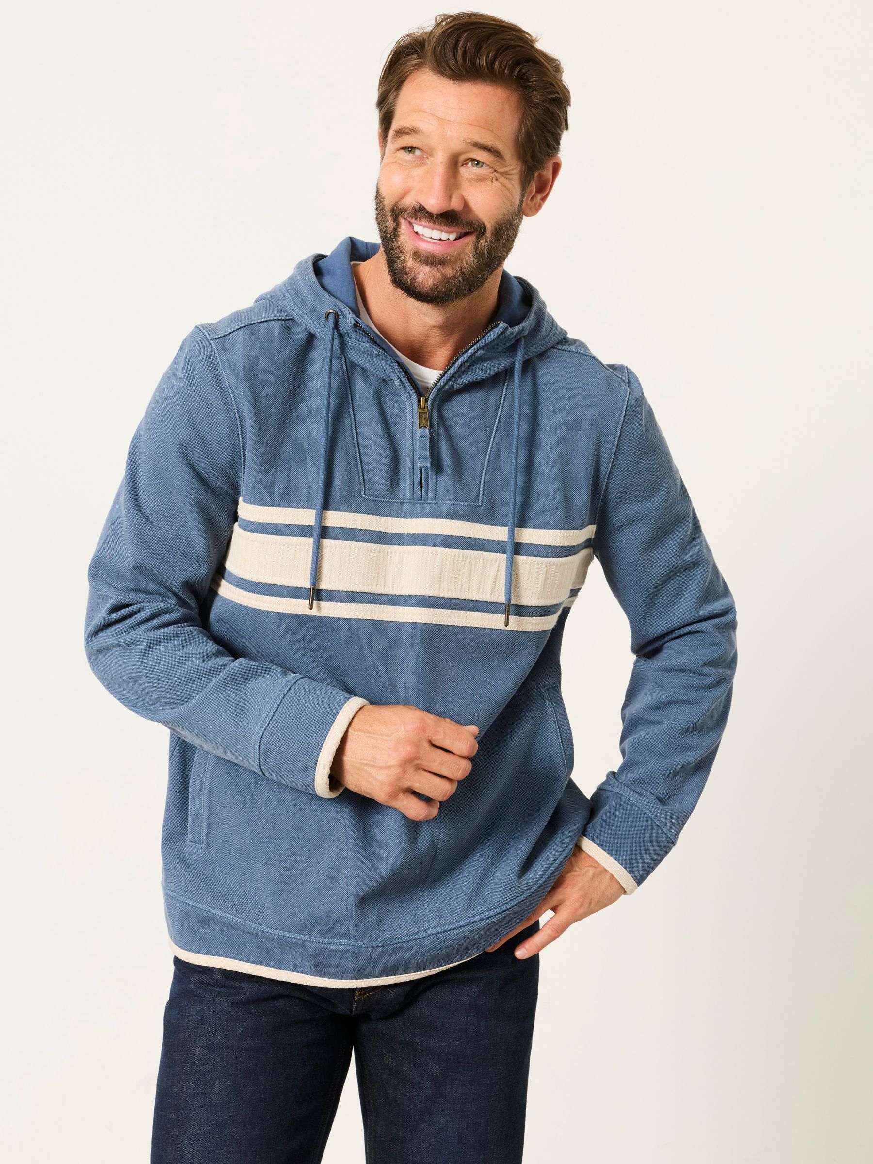 FatFace Men Quarter Zip Hoodie in Blue Stripe 100% Cotton 4XL Tall