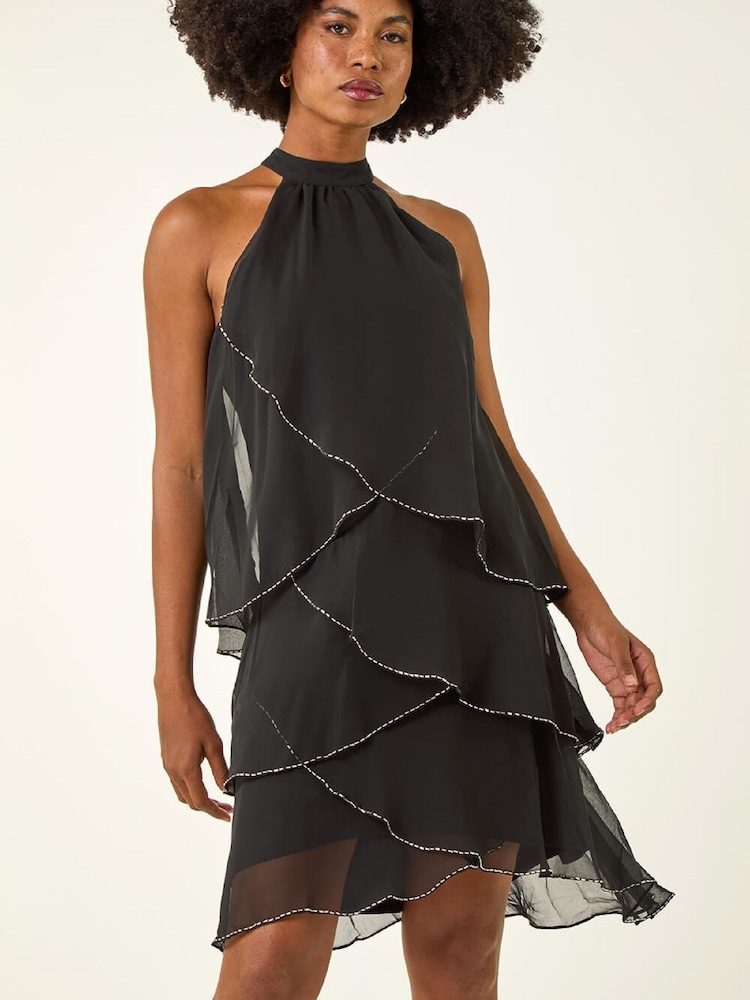 Roman Black Sequin Trim Tiered Halter Neck Dress - Image 1 of 5 Roman Black Sequin Trim Tiered Halter Neck Dress - Image 1 of 5