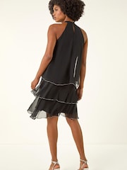 Roman Black Sequin Trim Tiered Halter Neck Dress - Image 2 of 5