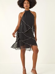 Roman Black Sequin Trim Tiered Halter Neck Dress - Image 3 of 5