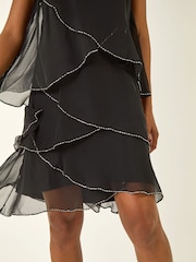 Roman Black Sequin Trim Tiered Halter Neck Dress - Image 4 of 5