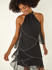 Roman Black Sequin Trim Tiered Halter Neck Dress - Image 5 of 5