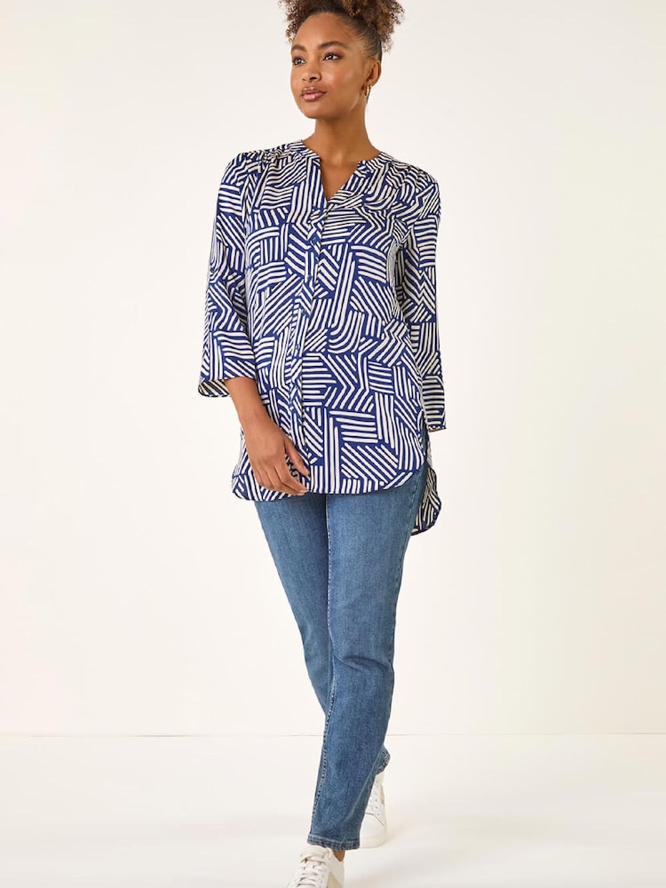 Roman Blue Geo Mono Print Buttoned Blouse - Image 2 of 5 Roman Blue Geo Mono Print Buttoned Blouse - Image 2 of 5