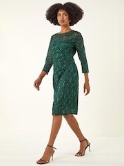 Roman Green Sequin Lace Ruched Stretch Dress - Image 1 of 5