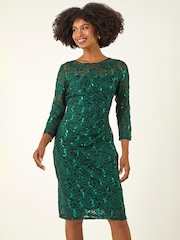 Roman Green Sequin Lace Ruched Stretch Dress - Image 2 of 5