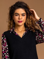 Roman Black Floral Print Sweater Vest Long Sleeve Blouse - Image 2 of 4