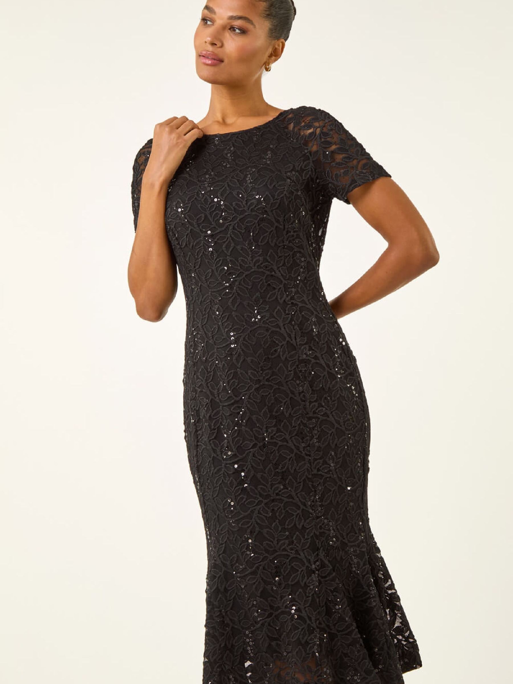 Roman Women's Black Leaf Lace Sequin Midi Dress In | Size: 20 - Image 2
