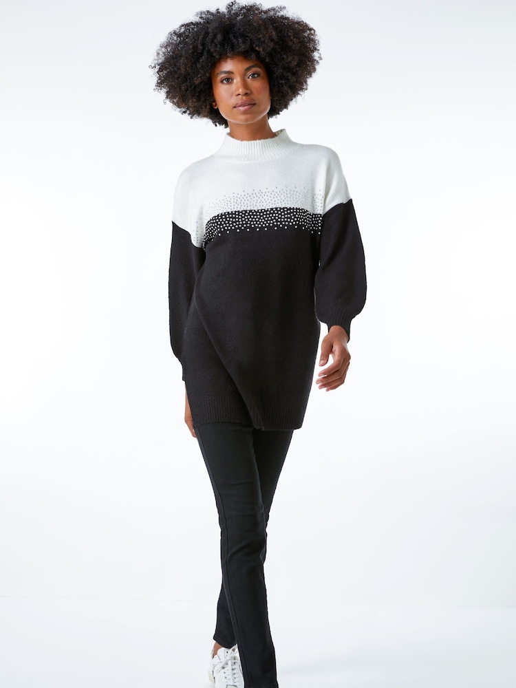 Roman Black Colourblock Embellished Longline Jumper - Image 2 of 5 Roman Black Colourblock Embellished Longline Jumper - Image 2 of 5