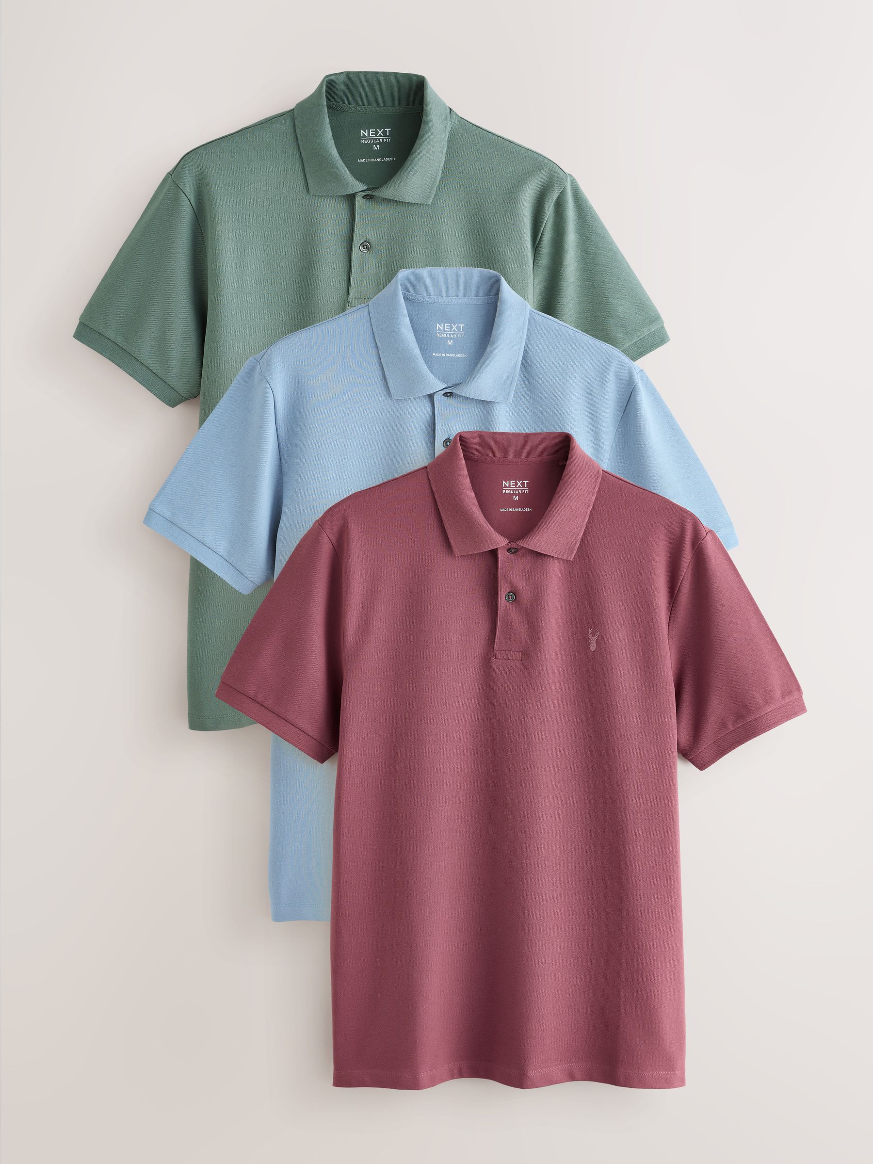Buy Green/Blue/Damson Short Sleeve Pique Polo Shirts 3 Pack from