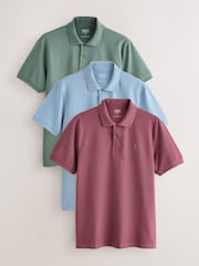 Green/Blue/Damson Short Sleeve Pique Polo Shirts 3 Pack - Image 1 of 6