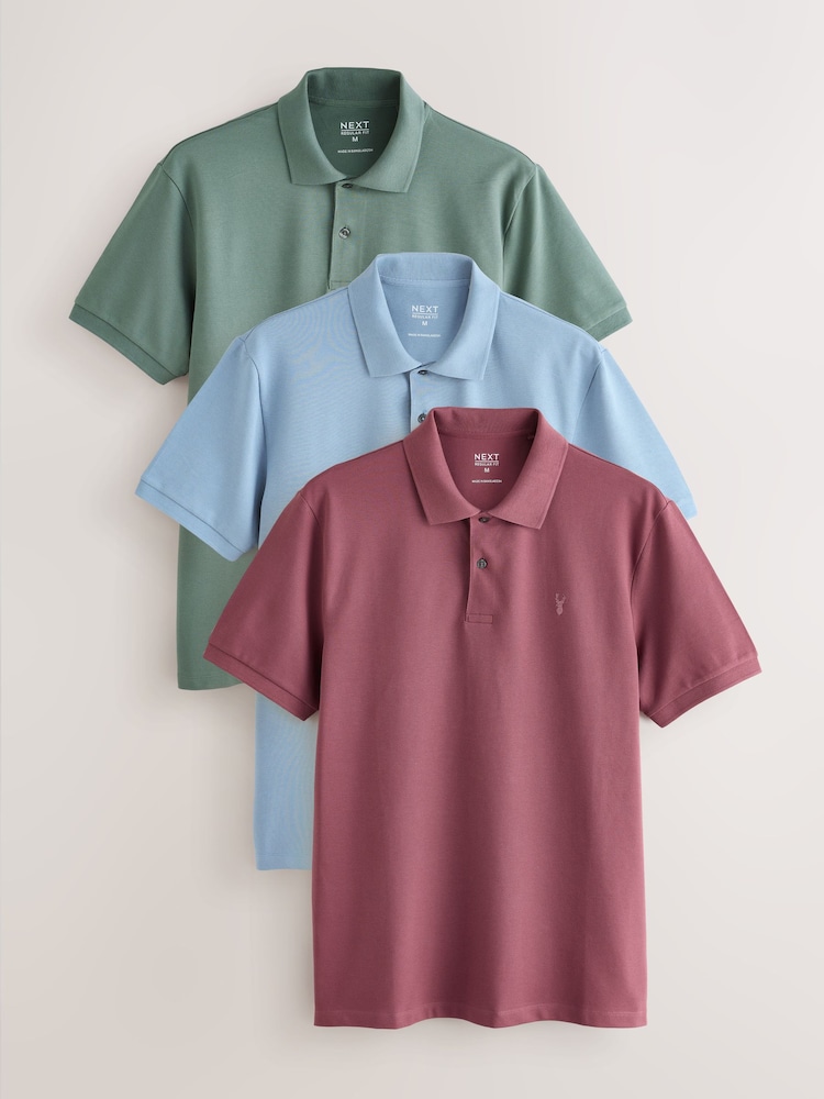 Green/Blue/Damson Short Sleeve Pique Polo Shirts 3 Pack - Image 1 of 6