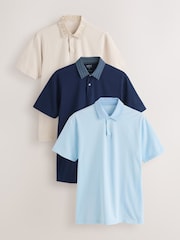 Neutral/Navy/Blue Geo Collar Plain Motionflex Short Sleeve Jersey Polo Shirts 3 Pack - Image 1 of 10