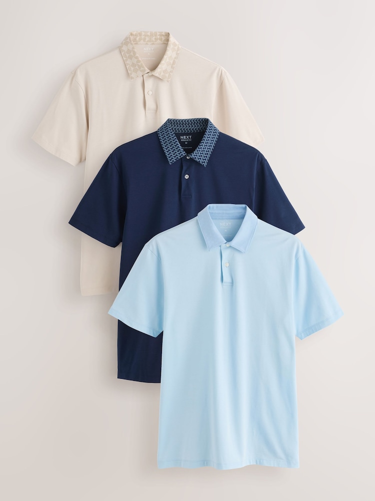 Neutral/Navy/Blue Geo Collar Plain Motionflex Short Sleeve Jersey Polo Shirts 3 Pack - Image 1 of 10
