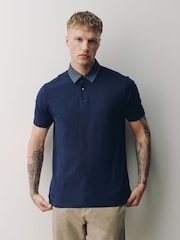 Neutral/Navy/Blue Geo Collar Plain Motionflex Short Sleeve Jersey Polo Shirts 3 Pack - Image 3 of 10