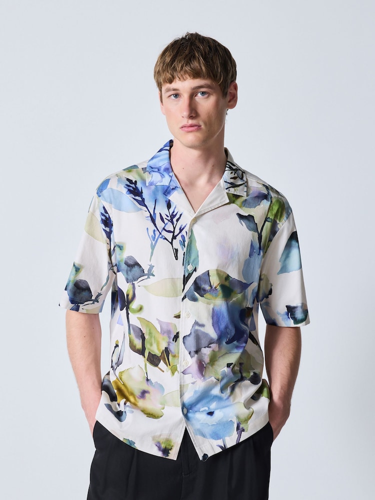 Blue Watercolour Floral Print Short Sleeve Shirt - Image 2 of 9