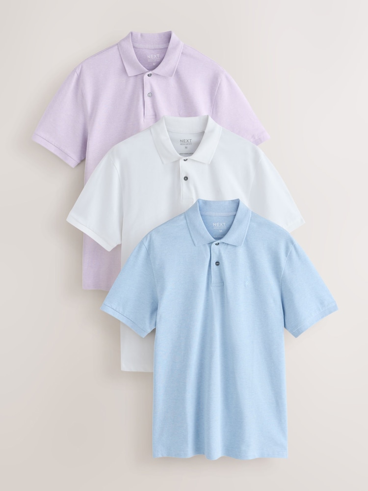 Lilac/Blue/White Short Sleeve Pique Polo Shirts 3 Pack - Image 1 of 9