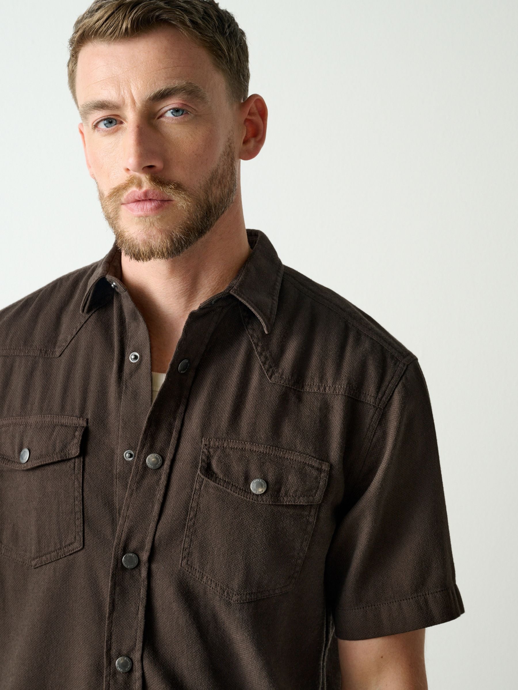 Buy Brown Western Styling Textured Twin Pocket Short Sleeve Shirt