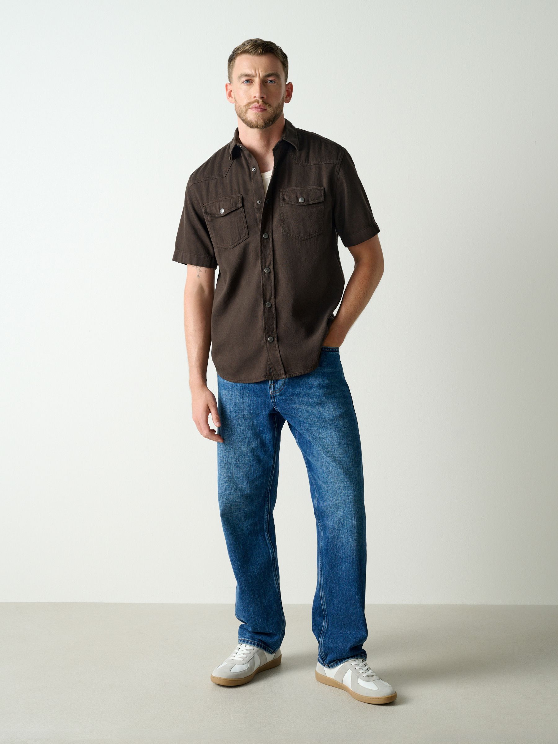 Buy Brown Western Styling Textured Twin Pocket Short Sleeve Shirt