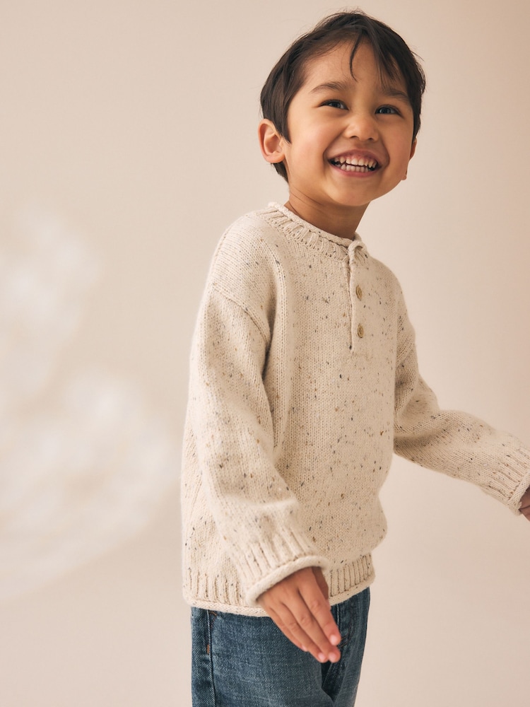 Neutral Knitted Henley Jumper (3mths-7yrs) - Image 1 of 5 Neutral Knitted Henley Jumper (3mths-7yrs) - Image 1 of 5