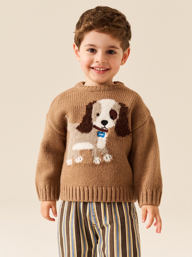 Marron chocolat motif chien - Character Pull Col rond en maille (3mois-7ans) - Image 1 de 4 Marron chocolat motif chien - Character Pull Col rond en maille (3mois-7ans) - Image 1 de 4