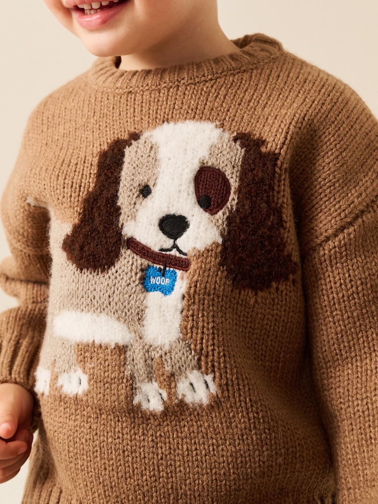 Marron chocolat motif chien - Character Pull Col rond en maille (3mois-7ans) - Image 4 de 4 Marron chocolat motif chien - Character Pull Col rond en maille (3mois-7ans) - Image 4 de 4