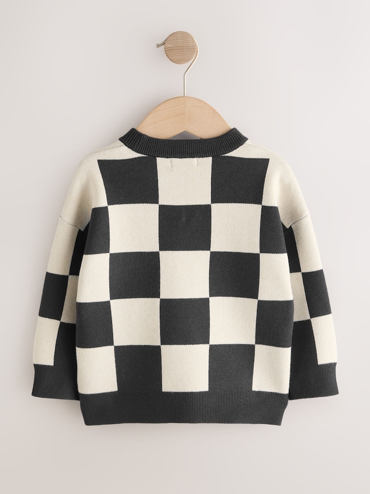 Monochrome Checkerboard Knitted Crew Neck Jumper (3mths-7yrs) - Image 2 of 4 Monochrome Checkerboard Knitted Crew Neck Jumper (3mths-7yrs) - Image 2 of 4