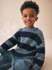 Blue/Navy Stripe Knitted Crew Neck Jumper (3mths-7yrs) - Image 1 of 8