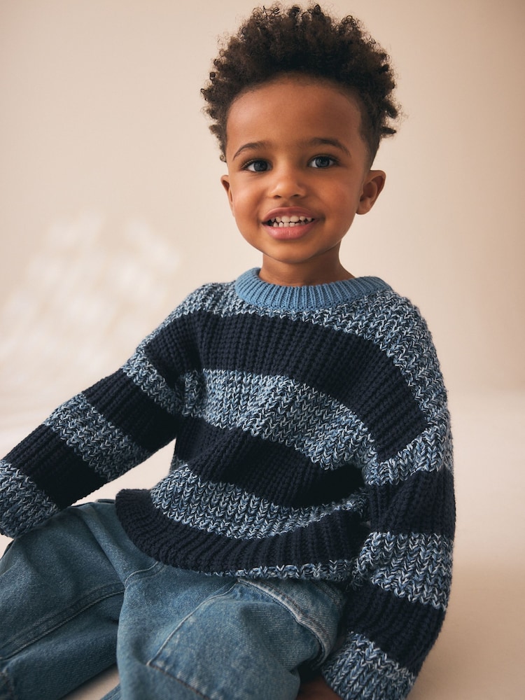 Blue/Navy Stripe Knitted Crew Neck Jumper (3mths-7yrs) - Image 1 of 8
