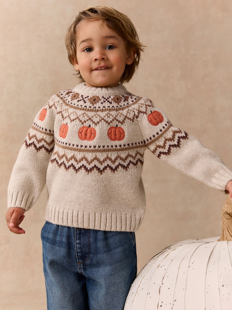 Neutral Pumpkin Fairisle Halloween Knitted Crew Neck Jumper (3mths-7yrs) - Image 1 of 8