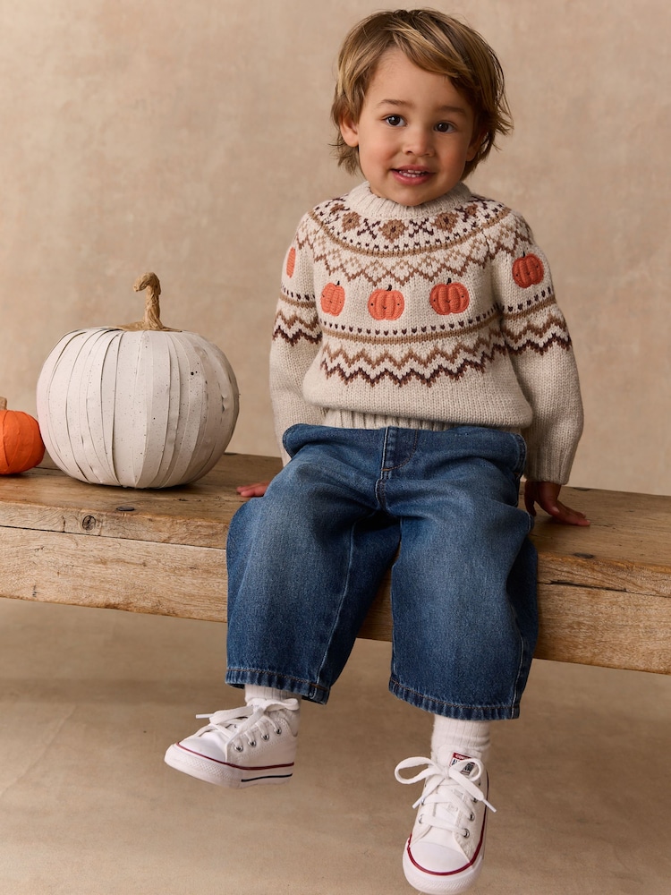 Neutral Pumpkin Fairisle Halloween Knitted Crew Neck Jumper (3mths-7yrs) - Image 2 of 8